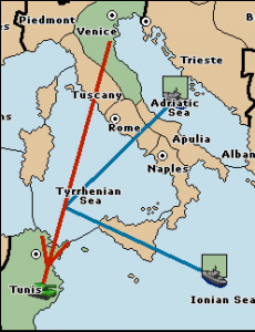 An army in Venice moves to Tunis, convoyed by the fleets in Adriatic Sea and Ionian Sea