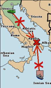 The fleet and army are both equally matched in their attempt to move into Apulia, so neither succeeds