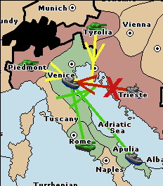 A green support-hold from the fleet in Tyrrhenian Sea lets Rome hold against an equally well-supported Venice
