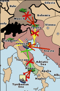 A fleet in the Tyrrhenian Sea attacks Rome, preventing it from supporting Venice: Trieste 1 - Venice 0; Trieste moves in