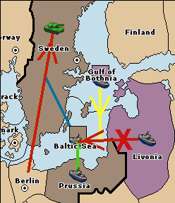 Because Prussia is support-holding the fleet in the Baltic Sea the equally supported move to the Baltic Sea from Livonia fails: 
			This allows the fleet in the Baltic Sea to successfully convoy an army from Berlin to Sweden